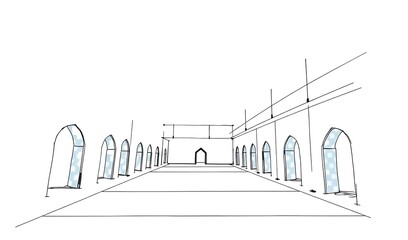 Obraz premium Hand-Drawn Sketch: Elegant Mosque Interior Perspective. AI Generated