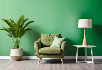 Cozy living room design with green tones comfortable furnishing soft lighting.
