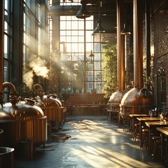 Large copper brewing kettles steaming in a traditional brewery setup