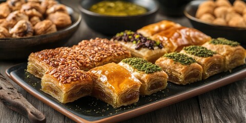 Fototapeta premium Delicious Arabic sweets featuring baklava made with an assortment of nuts, offering a delightful taste experience. These baklava treats showcase the rich flavors of traditional Arabic sweets.