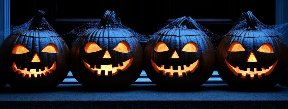 Illuminated Halloween Jack o lanterns on Window Sill