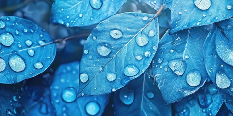 Background featuring blue leaves adorned with water drops, creating a vibrant and refreshing composition. The blue leaf details and water drops enhance the overall aesthetic of the background.