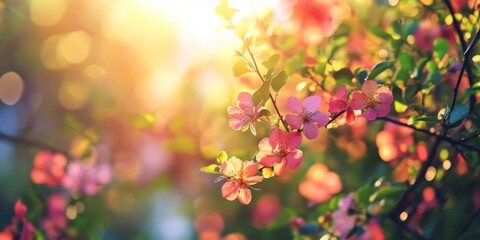 Obraz premium Summer sun illuminates vibrant flowers and tree branches, creating a beautiful scene filled with color. Experience the warmth of summer as flowers and tree branches shine brightly under the sun.