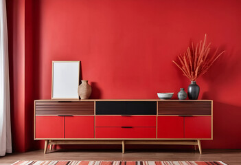 Stylish living room featuring a vibrant red wall contemporary furnishing.