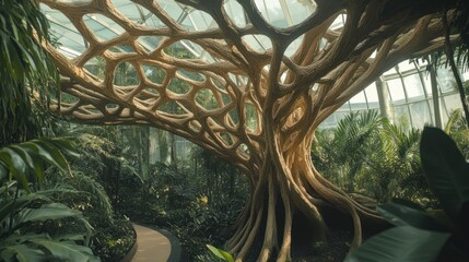 Fototapeta premium Close-up of the intricate network of trunks and prop roots of a giant Ficus tree, surrounded by tropical plants in the botanical garden