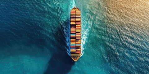 Aerial view of a large container ship navigating the open sea, capturing the impressive scale of the large container ship in this top down perspective. The large container ship dominates the waters.