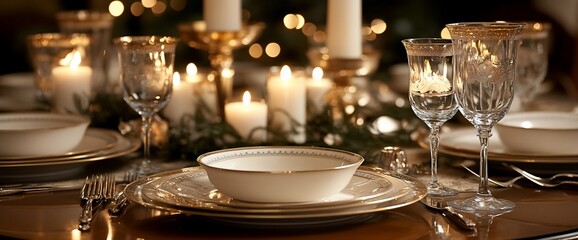 Elegant dining table set with candles and fine china for a festive occasion.