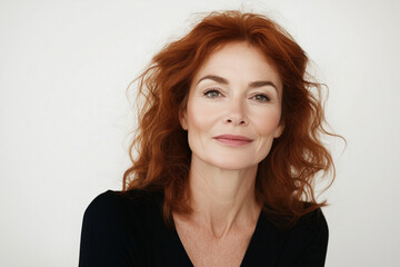 Fototapeta premium woman with red hair and a black shirt is smiling. She has a red headband and is wearing a black shirt