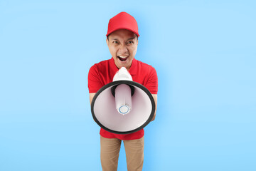 An enthusiastic Asian courier wearing a red uniform and cap uses a megaphone to deliver a powerful message. Set against a bright blue background