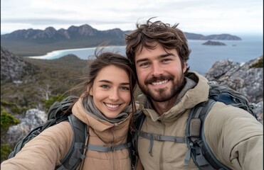 A couple is smiling for the camera while taking a picture of themselves