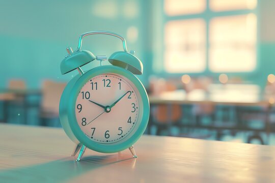 A teal alarm clock is sitting on a wooden table in a classroom. The clock is in focus and the background is blurred. - Powered by Adobe
