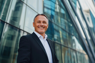 Fototapeta premium man in a suit is smiling and standing in front of a building. Concept of confidence and professionalism