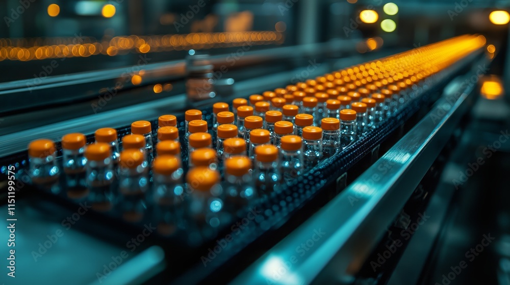 Poster rows of orange-capped vials glide smoothly along a high-tech conveyor belt in a modern vaccine produ