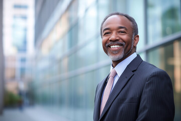 Fototapeta premium man in a suit and tie is smiling and posing for a photo. Concept of professionalism and confidence