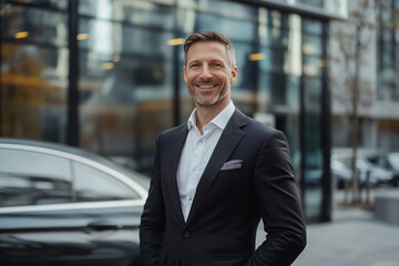 Fototapeta premium man in a suit is smiling and standing in front of a building. He is wearing a black jacket and a white shirt