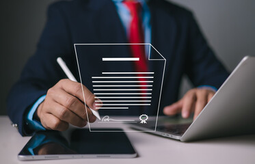 Electronic signature concept, Businessman sign electronic documents on digital documents, paperless...