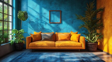 Modern Living Room with Mustard Sofa and Blue Walls. Concept of Cozy, Stylish, and Sunny Interior Design.