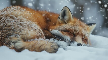 Fototapeta premium A Red Fox Sleeping Peacefully in the Snow