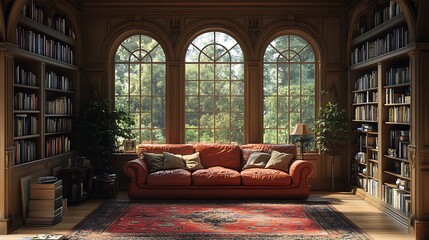 Cozy library interior with leather sofa and large windows. Concept of relaxation, reading, and home library.