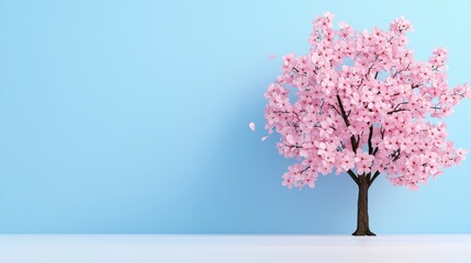 Obraz premium Pink Cherry Blossom Tree, Spring, Pastel Blue - Minimalism