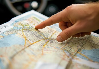 A hand pointing at a map with the finger on the number 1