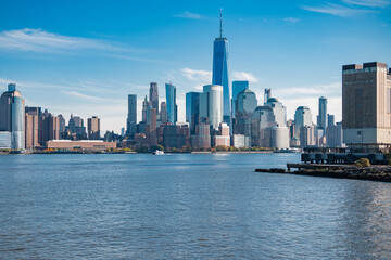 Obraz premium Panoramic view of New York, United States. New York city skyline in Midtown Manhattan. USA, NYC, NY, Manhattan. American big city. Lower Manhattan skyline. New York from New Jersey.