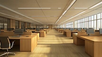 Modern office interior with wooden desks and large windows for natural light.
