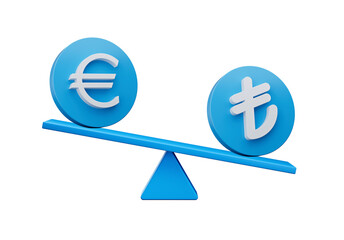 3d White Euro and Lira Symbol On Rounded Blue Icons With 3d Balance Weight Seesaw, 3d illustration