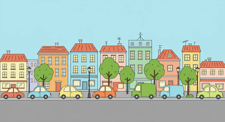 Naklejka premium Cartoon cityscape with cars and houses