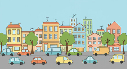 Naklejka premium Cartoon cityscape with cars and houses