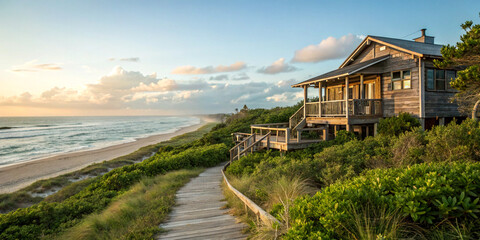 Coastal wooden house, scenic seashore view, ocean breeze fills the air