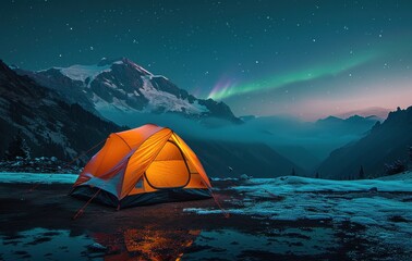 Camping under colorful auroras in a serene mountain landscape at twilight