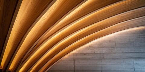 Obraz premium Low angle view of a wooden ceiling illuminated by natural light, showcasing the texture and design of the wood. The wooden ceiling creates a warm and inviting atmosphere in the space.