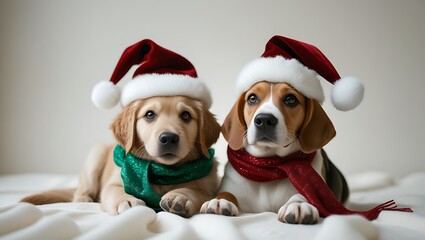 Two Adorable Puppies Wearing Santa Hats and Scarves