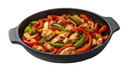 Colorful Chicken Fajitas with Peppers and Onions on Black Skillet
