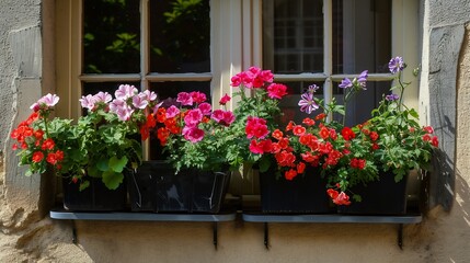 Vibrant Window Box Flowers in Summer Sunlight