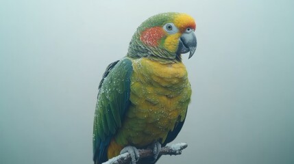 A yellow-green parrot perched on a branch, covered in a light dusting of frost, against a foggy background.