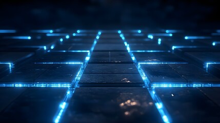 Obraz premium A futuristic digital grid with glowing blue nodes on a dark background, creating depth and intrigue. 
