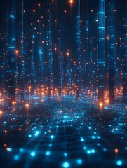 Obraz premium A futuristic digital grid with glowing blue nodes on a dark background, creating depth and intrigue. 