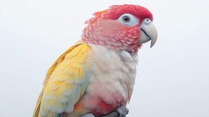Vibrant red, yellow, and white parrot perched on branch against white background.