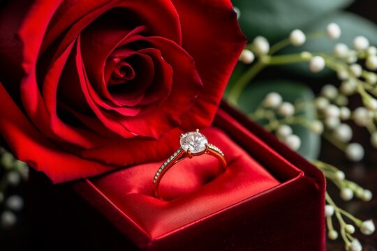 diamond ring with red rose in package box. Valentine's Day celebrations