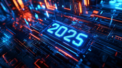 Obraz premium Glowing Numbers '2025' Emerging from a Circuit Board for Futuristic and High-Tech New Year Designs