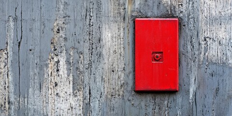 Vibrant red hatch embedded in a textured gray wall, creating a striking visual contrast that emphasizes the unique features of the red hatch against the subdued backdrop of the gray wall.