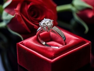diamond ring with red rose in package box. Valentine's Day celebrations