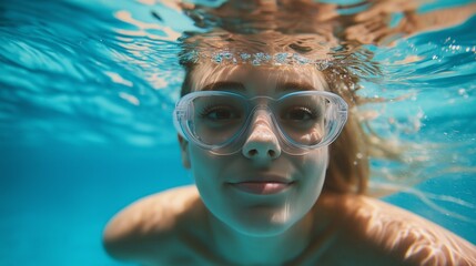 Naklejka premium A woman gracefully swims beneath the sparkling surface of a swimming pool, showcasing her joy and tranquility while enjoying the refreshing aquatic experience