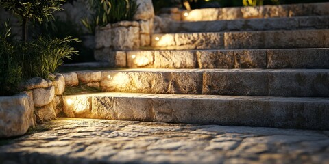 A set of aged and weathered stone steps creates a charming atmosphere, showcasing the beauty of old stone steps in various lighting and angles for a captivating visual experience.