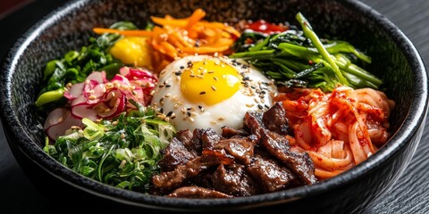 Delicious Sanchae Bibimbap featuring fresh ingredients, a vibrant mix of flavors, and a beautiful presentation. Experience the unique taste of Sanchae Bibimbap in every delightful bite.