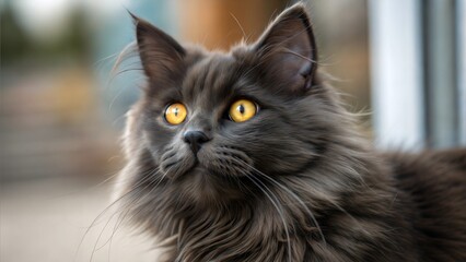 Obraz premium Dark grey Maine Coon Cat relaxing outdoor tranquil nature sunbathing indoor bokeh effect background