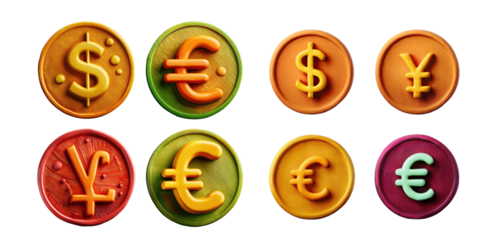 Colorful Currency Symbols on Tokens, PNG collection, set bundle, isolate on transparent or white background