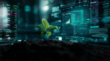 A young green plant growing in soil surrounded by futuristic digital data interfaces, symbolizing technology in sustainable agriculture. - Powered by Adobe